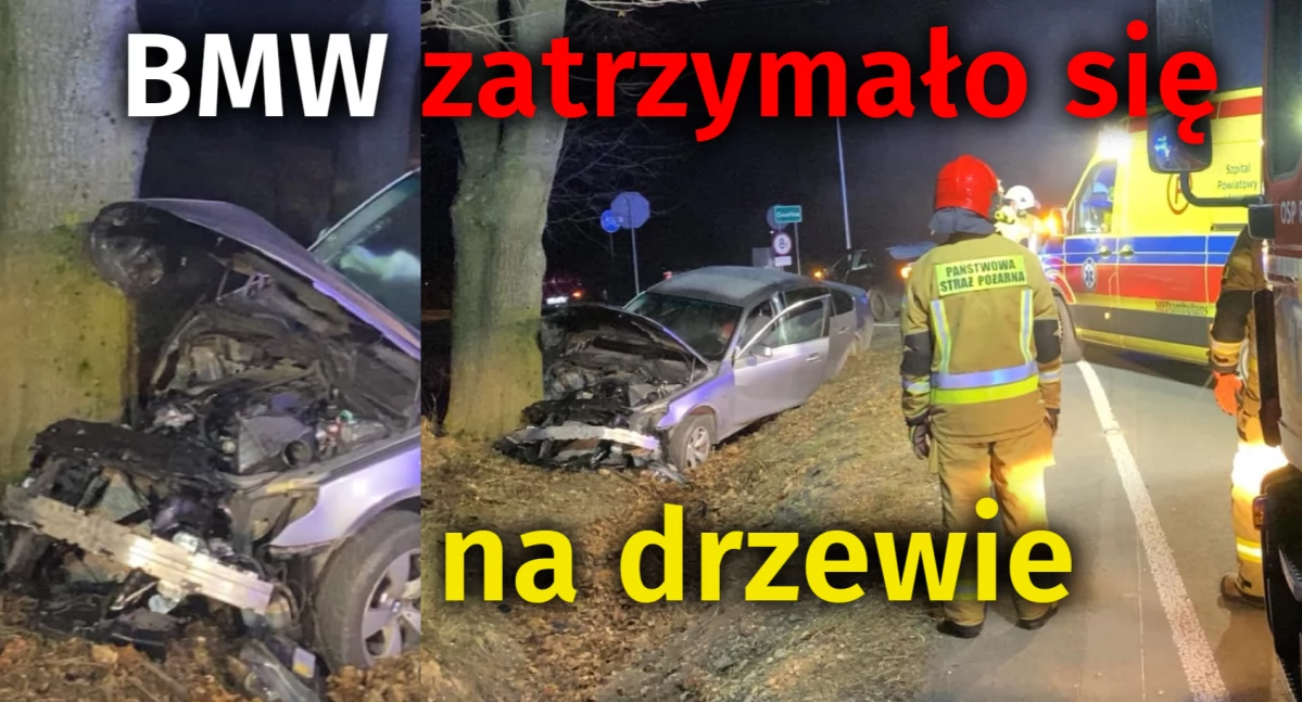 Wypadek w Gawłowie: BMW uderzyło w drzewo, jedna osoba zakleszczona