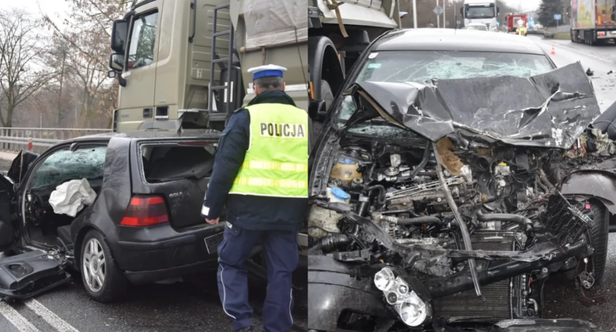 Zderzenie osobówki i dwóch ciężarówek - kierowca volkswagena trafił do szpitala