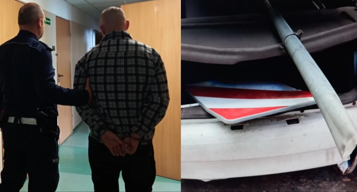 Kompletnie pijany kierowca jechał na czołówkę z radiowozem - w bagażniku jego auta były... znaki drogowe