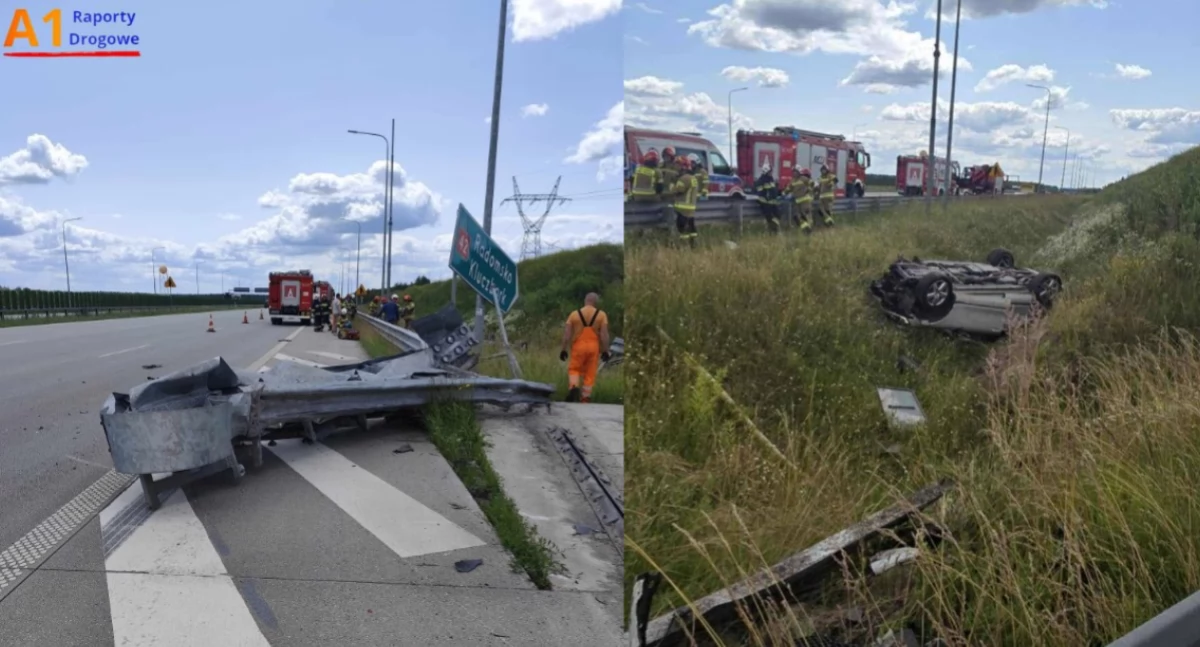 Wypadek na A1 - auto dachowało, trzy osoby w szpitalu