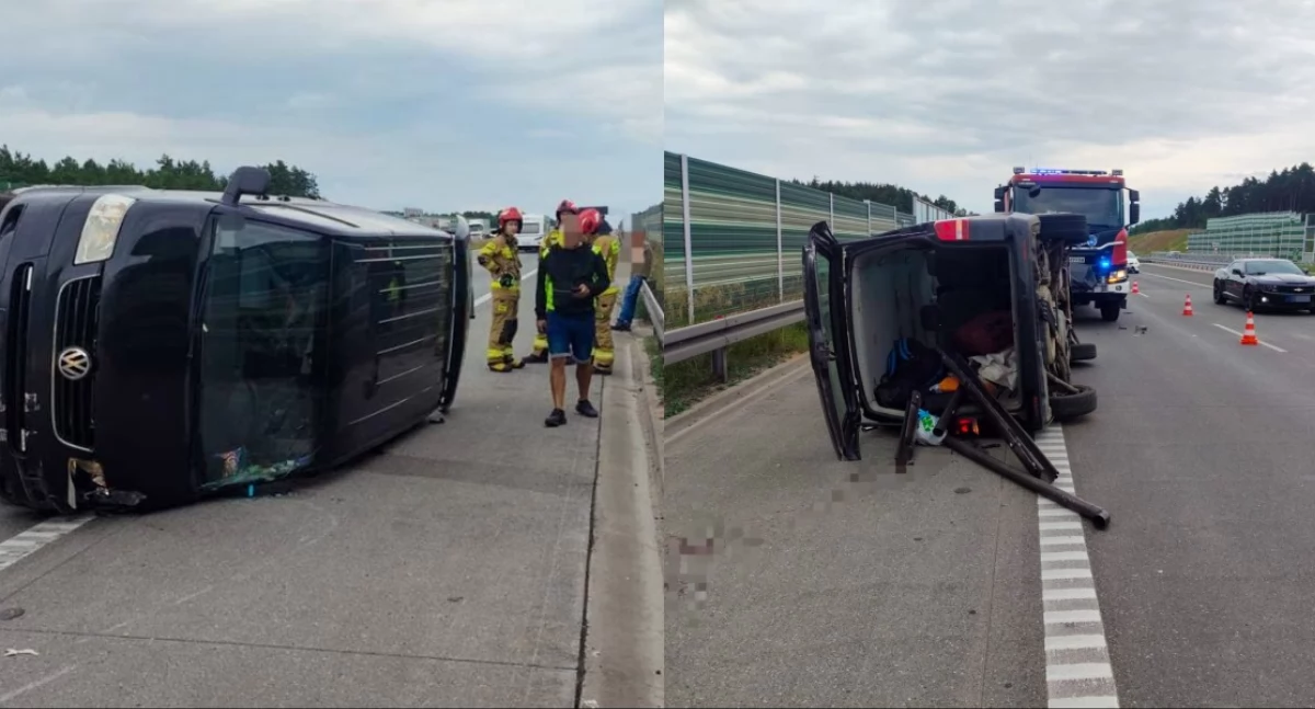 Stracił panowanie nad busem i dachował na autostradzie - trzy osoby trafiły do szpitala