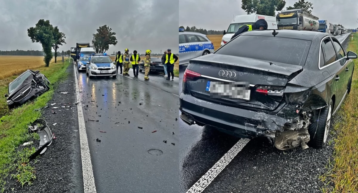 Za szybko po śliskiej drodze - opel najpierw uderzył w tył audi, a potem wjechał do rowu 