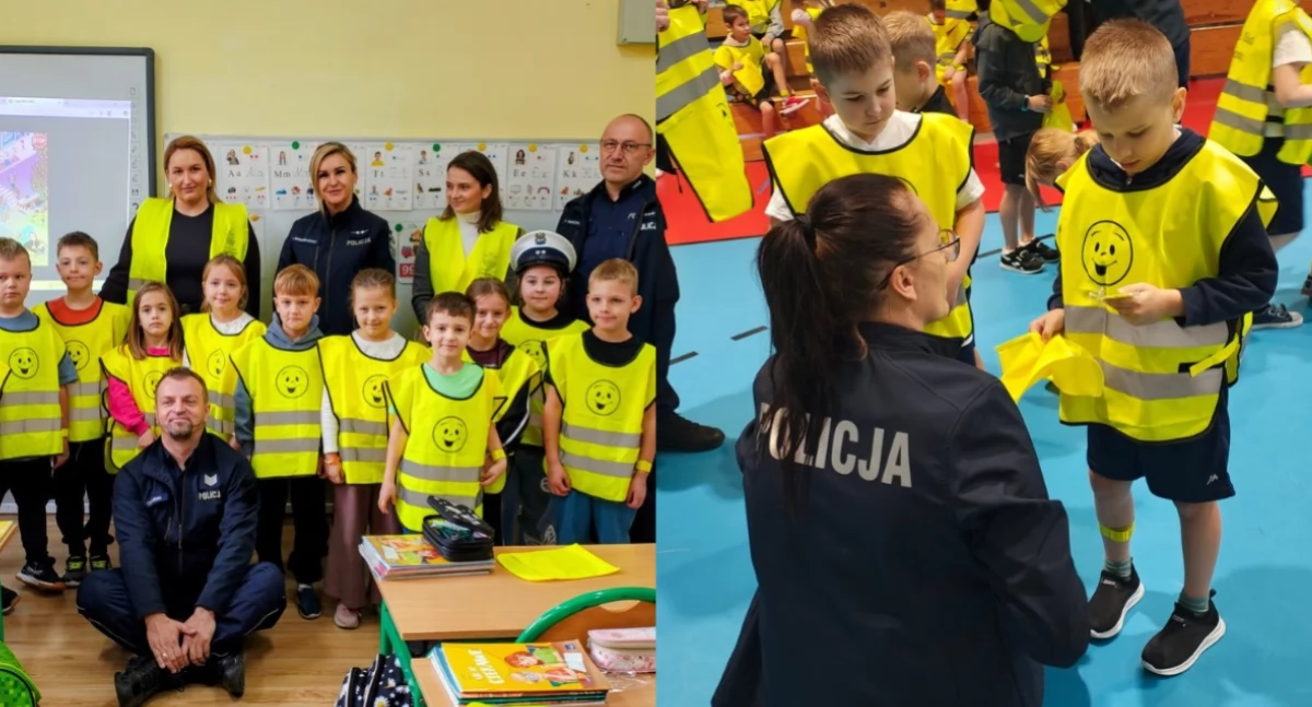 Akcja z odblaskami dla pierwszaków - tym razem policjanci odwiedzili szkoły w gminie Działoszyn