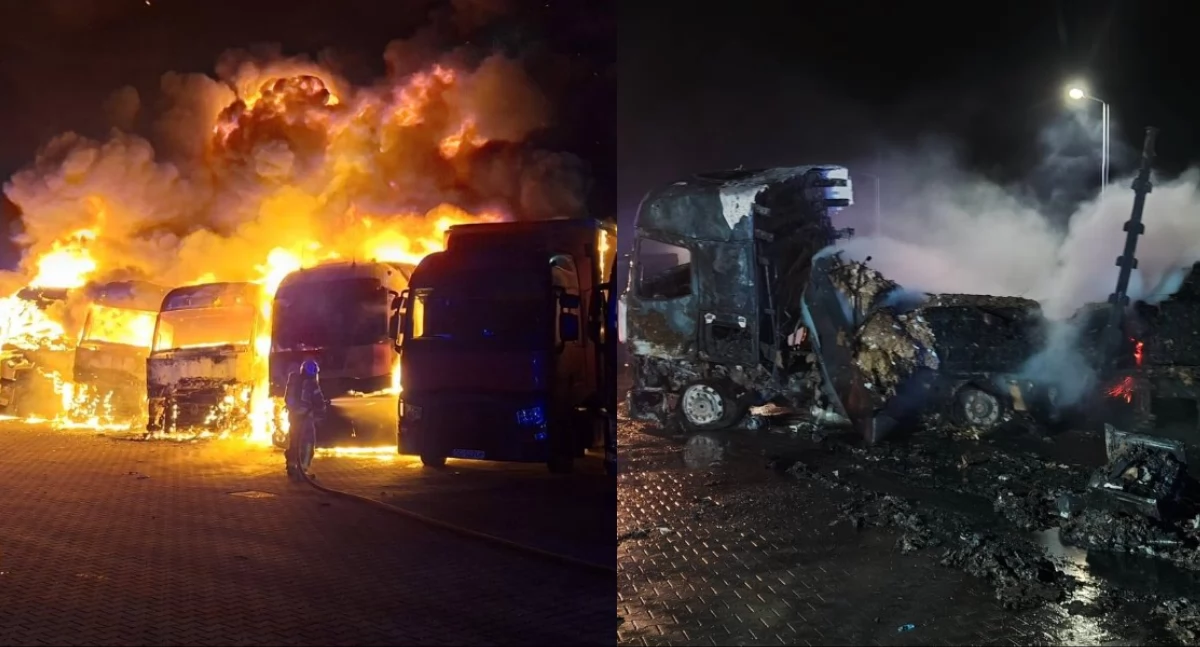 Pożar ciężarówek z naczepami! Spłonęło sześć zestawów, w akcji blisko 50 strażaków!