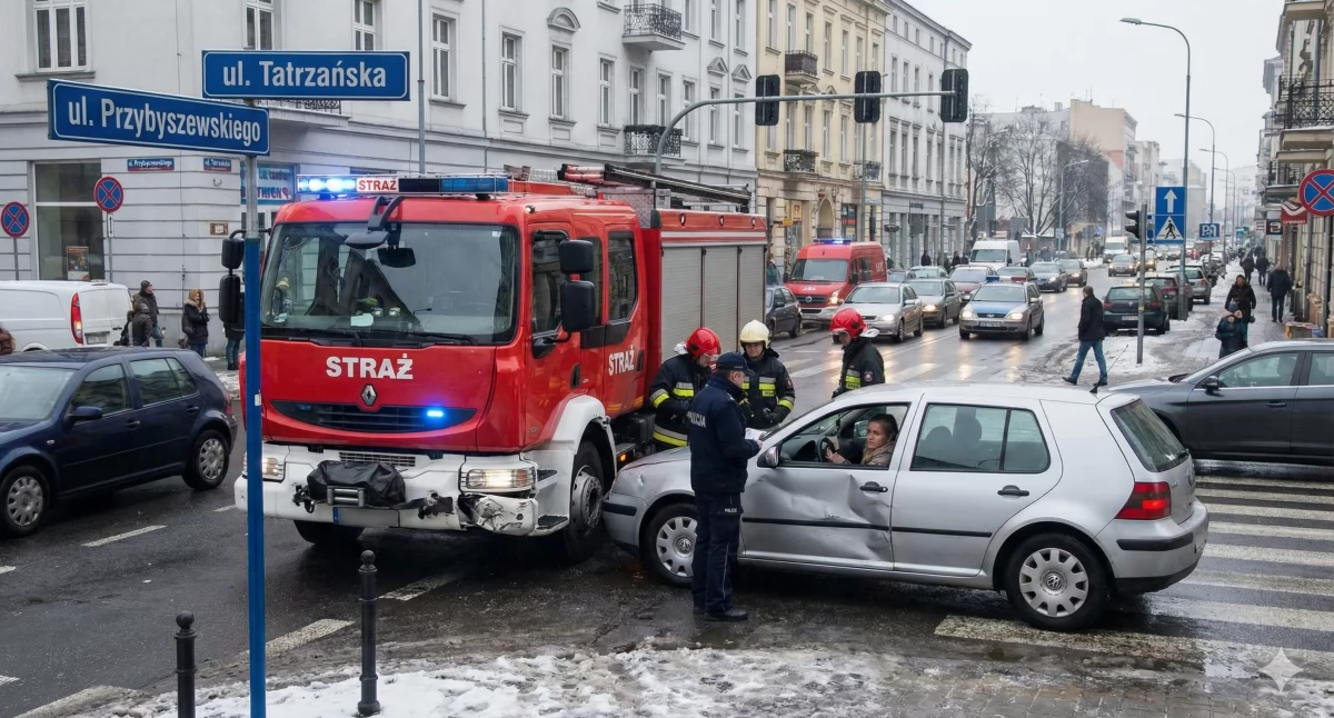 Zderzenie wozu strażackiego z osobówką. Kolizja na skrzyżowaniu w Łodzi