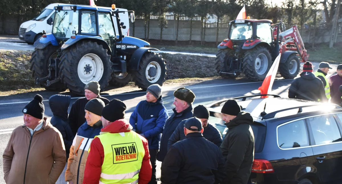 Protest rolników przeciwko umowie Mercosur. Rolnicy na drodze krajowej w Dzietrznikach (gmina Pątnów, powiat wieluński)