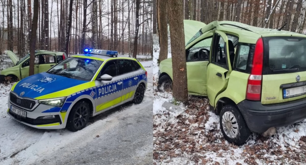 Kierowca fiata zjechał z drogi i uderzył w drzewo - 28-latek trafił helikopterem do szpitala
