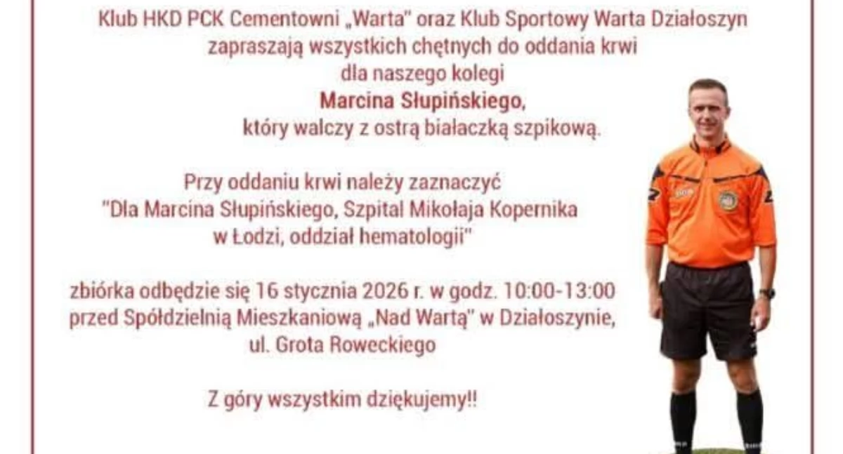 Zbiórka krwi dla Marcina Słupińskiego w Działoszynie. Piłkarskie środowisko jednoczy siły, by ratować życie