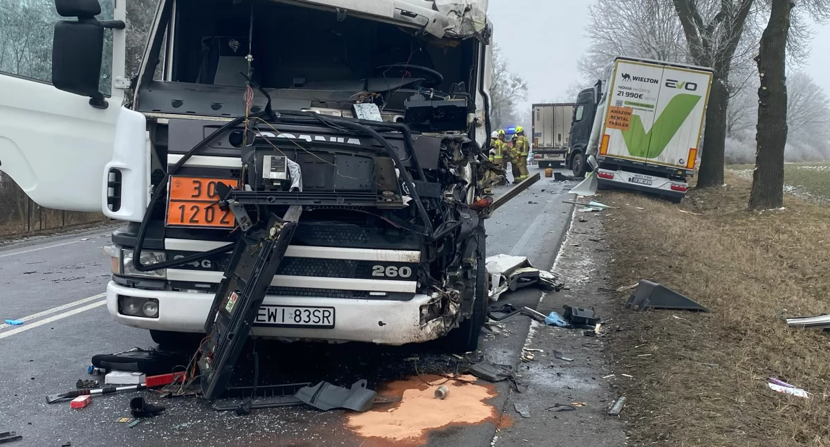 Wypadek w Kamionce pod Wieluniem. Zderzenie dwóch ciężarówek, ranny kierowca