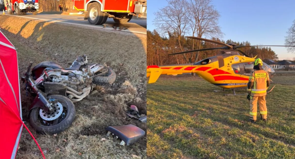 Wypadek z udziałem motocyklisty - nieprzytomny 33-latek trafił helikopterem do szpitala