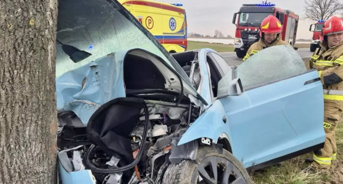 Tesla roztrzaskana na drzewie. Droga krajowa zablokowana!