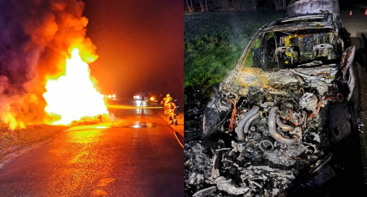 Nocny pożar Mercedesa AMG - pojazd doszczętnie spłonął