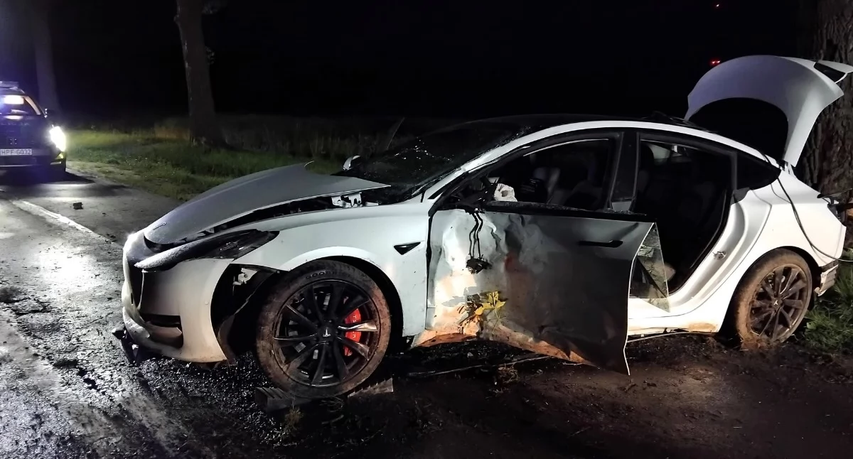 Tesla uderzyła w drzewo w Sędziejowicach. 22-letni kierowca trafił do szpitala
