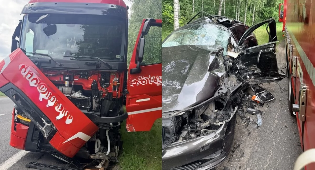 Wypadek pod Bełchatowem - 70-latek z BMW zignorował znak STOP i zderzył się z ciężarówką