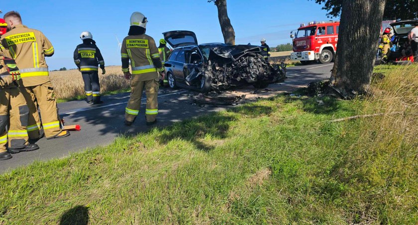 Samochód wjechał w drzewo. Droga jest nieprzejazdna