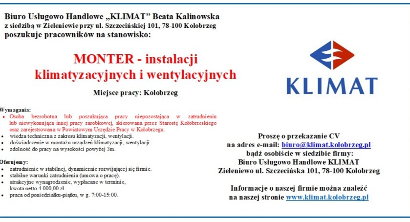 Oferta pracy - monter instalacji klimatyzacyjnych i wentylacyjnych