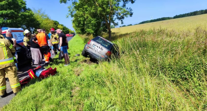 Wjechał w koleiny i wypadł z drogi. Dwie osoby poszkodowane, jedna zabrana do szpitala