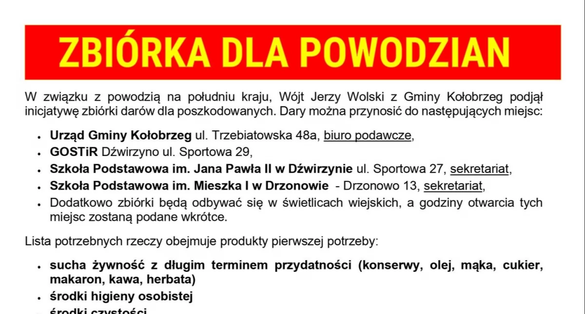Pomoc dla powodzian - lista miejsc zbiórek