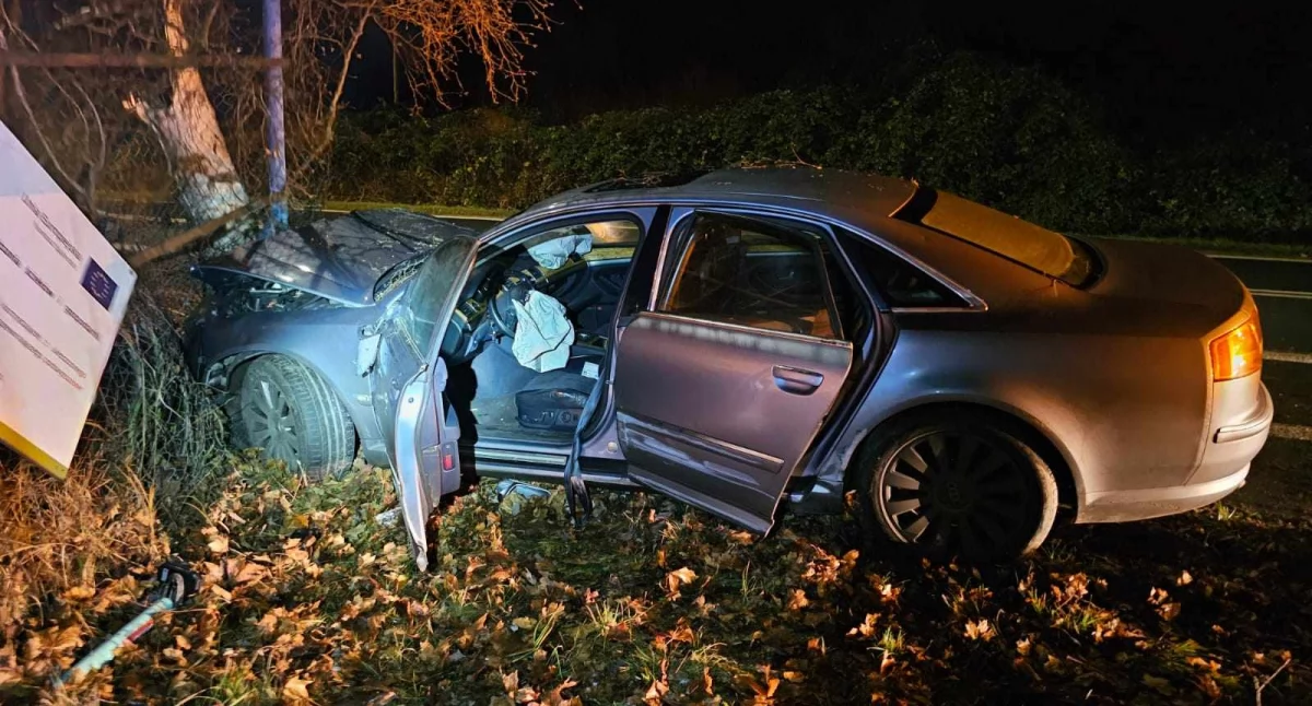 Samochód wypadł z drogi i zatrzymał się na drzewie. Na miejscu nie było kierowcy 