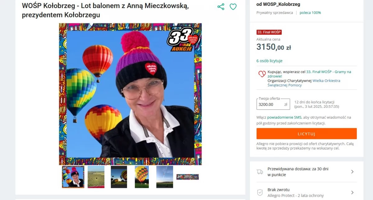 Niecodzienne Aukcje WOŚP w Kołobrzegu, m.in. lot balonem z prezydent miasta