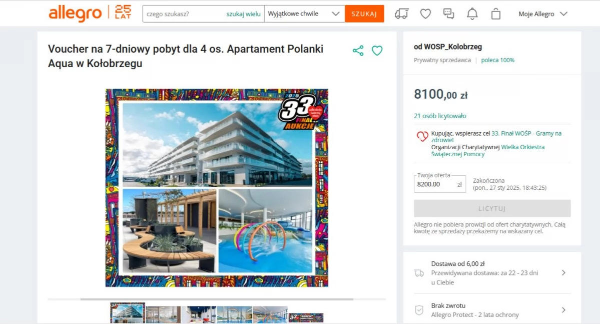 Zakończyła się najdroższa kołobrzeska licytacja WOŚP. Ile zapłacono za pobyt nad morzem?