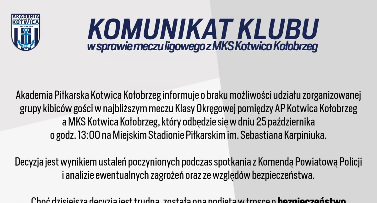 Policja zdecydowała: derby Kotwicy bez kibiców MKS