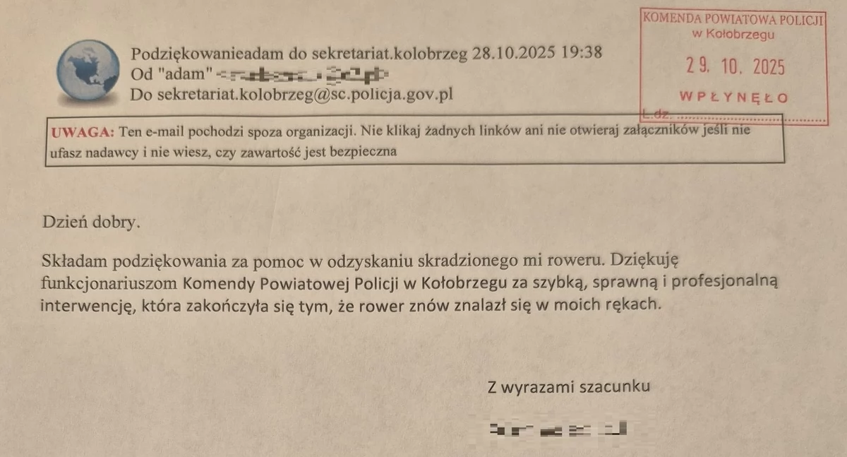 Odzyskali rower w jeden dzień. Właściciel dziękuje policjantom