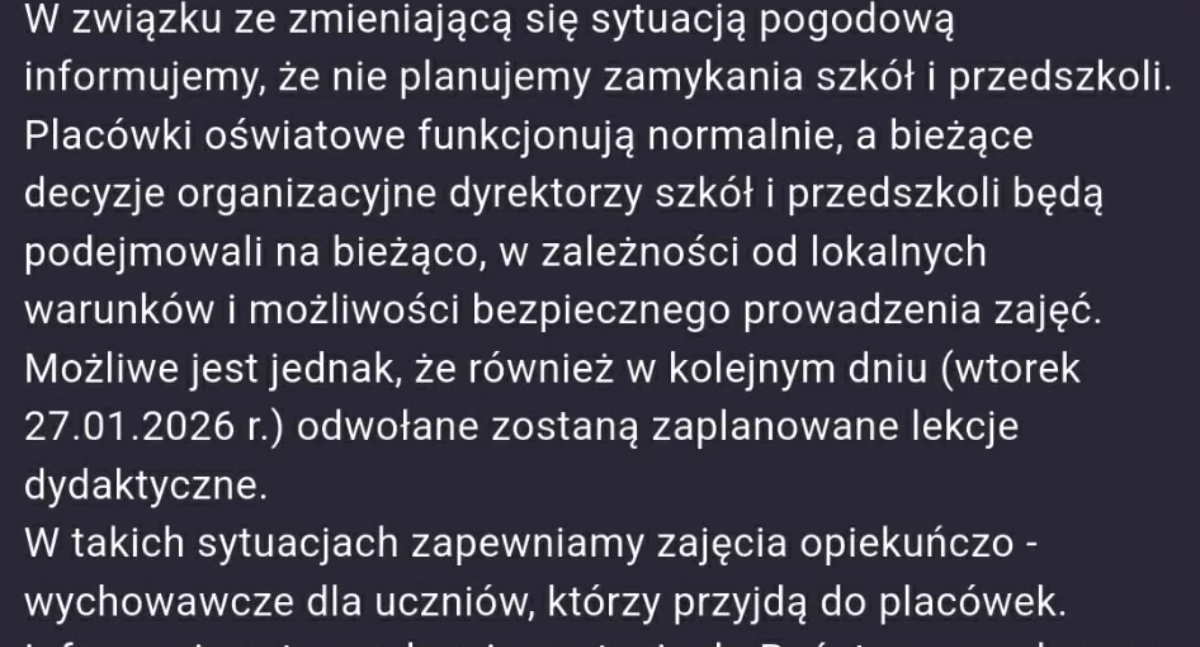 Szkoły zdecydują rano. Zajęcia we wtorek pod znakiem zapytania