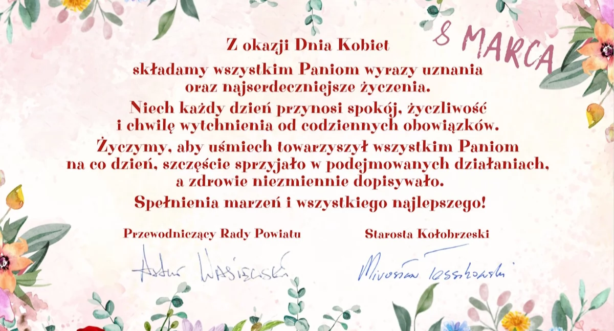 Życzenia z okazji Dnia Kobiet od władz Powiatu Kołobrzeskiego