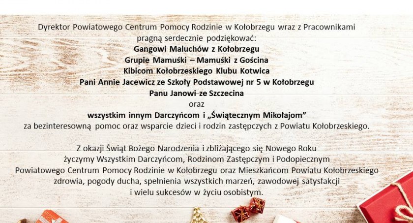 Świąteczne życzenia i podziękowania  od Powiatowego Centrum Pomocy Rodzinie w Kołobrzegu