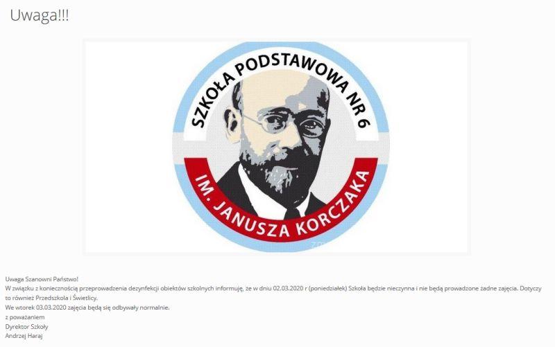 Odwołane zajecia w Szkole Podstawowej nr 6. Będzie dezynfekcja