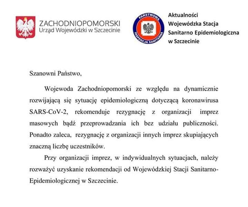 Wojewoda zachodniopomorski zakazuje organizacji imprez masowych z udziałem publiczności. Z powodu koronawirusa