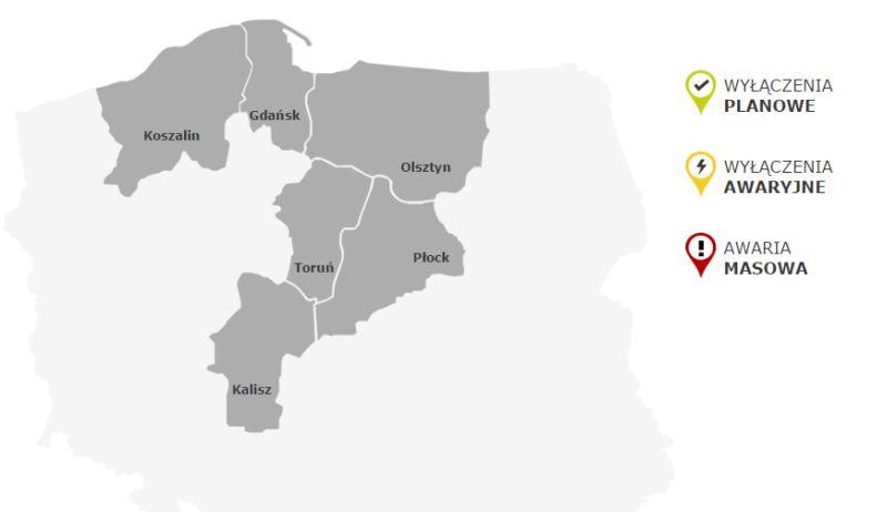 Mapa bieżących i planowanych przerw dostaw energii.