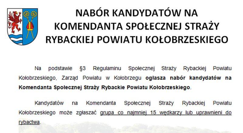 Komunikat Starostwa. Nabór kandydatów na Komendanta Społecznej Straży Rybackiej Powiatu Kołobrzeskiego