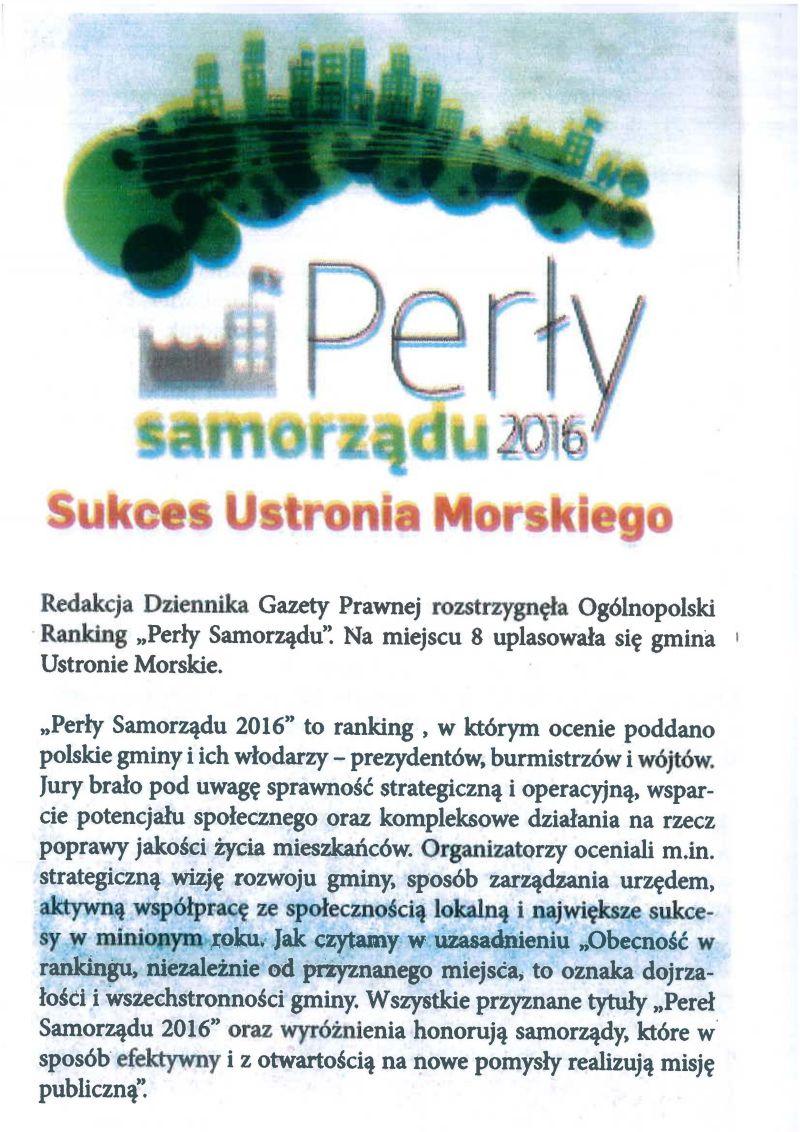 Gmina Ustronie Morskie z Perłą Samorządową 2016