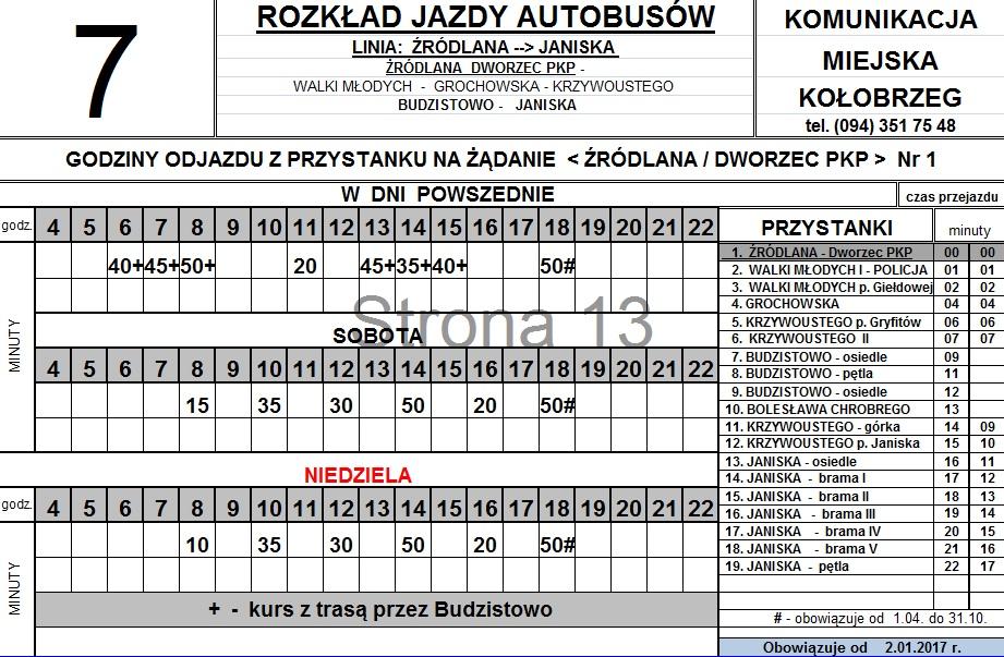 Komunikacja Miejska - linia nr 7 do Budzistowa, zmiany w rozkładzie