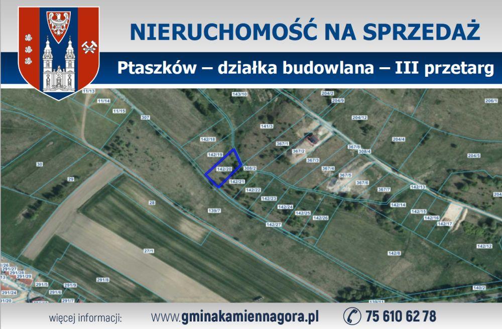 OGŁOSZENIE - działka 142/20 Ptaszków - III przetarg