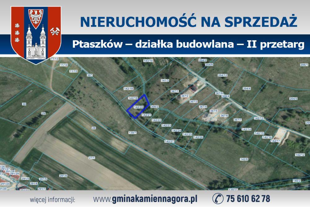 OGŁOSZENIE - działka 142/20 Ptaszków - II przetarg