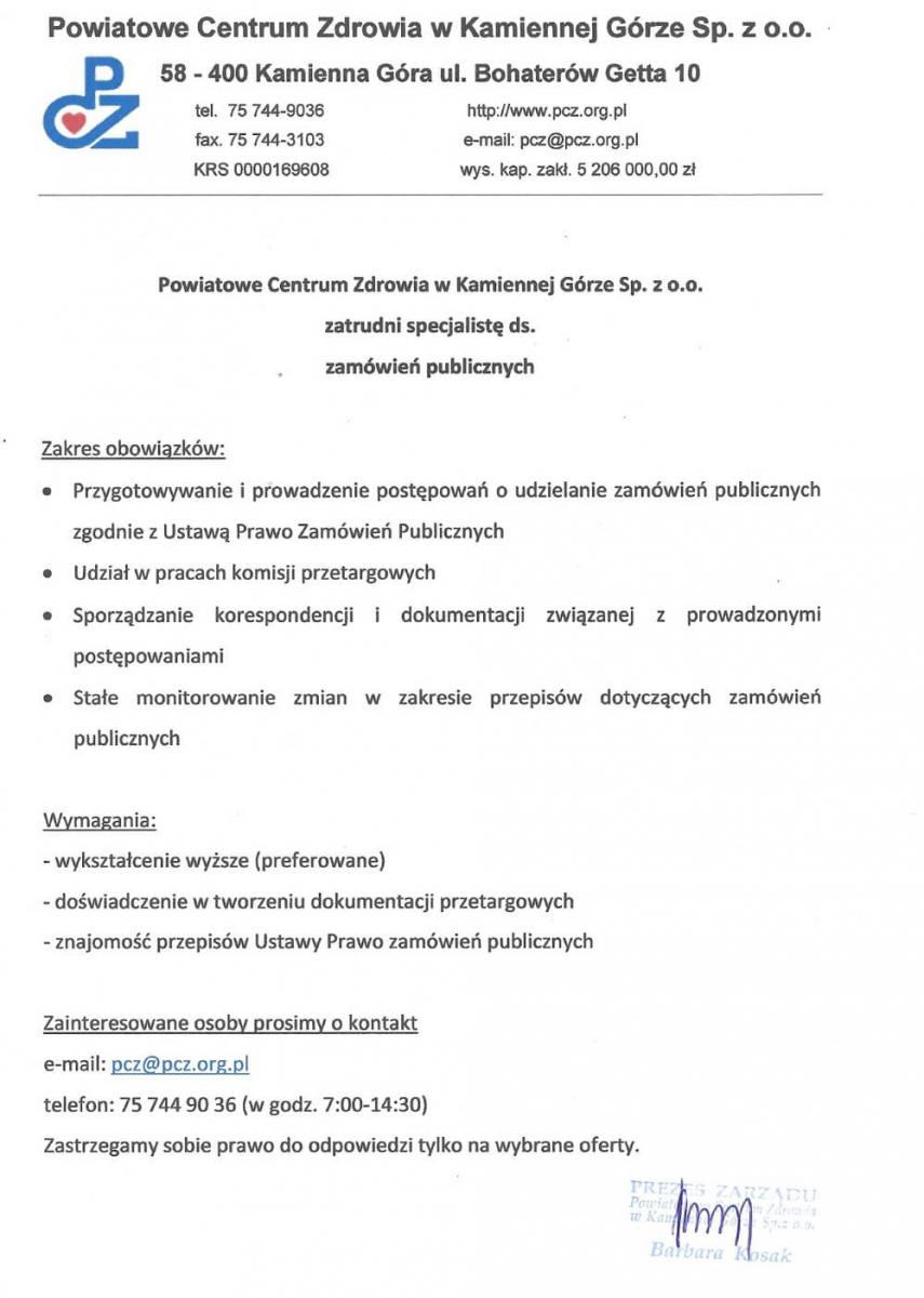 Oferta pracy - specjalista ds. zamówień publicznych