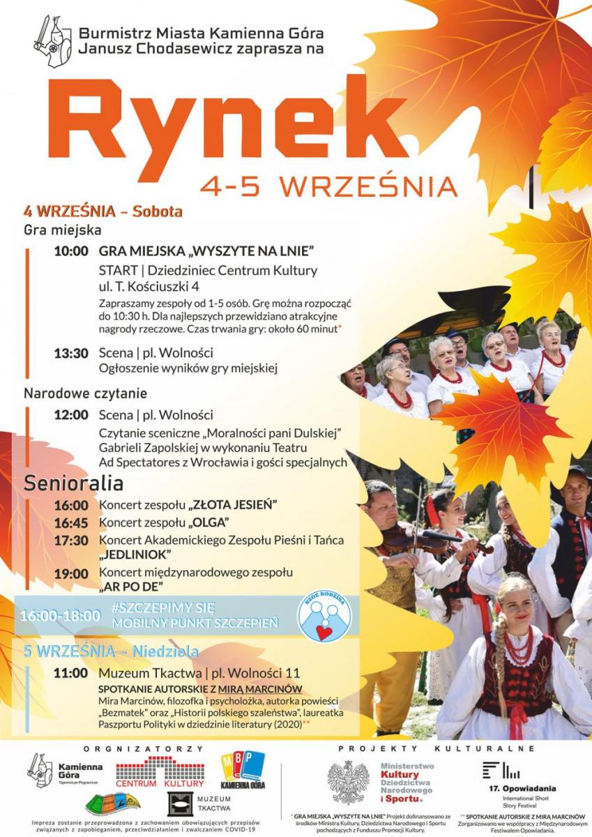 4-5 września 2021 zapraszamy na cykl imprez kulturalnych, które odbędą się w kamiennogórskim rynku.