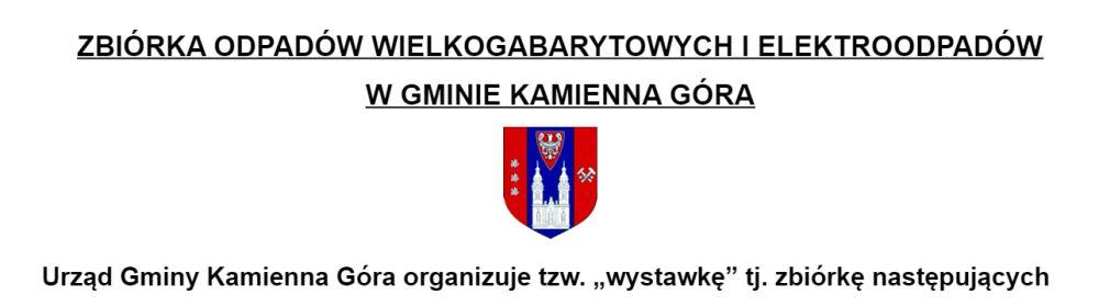 ZBIÓRKA ODPADÓW WIELKOGABARYTOWYCH I ELEKTROODPADÓW W GMINIE KAMIENNA GÓRA
