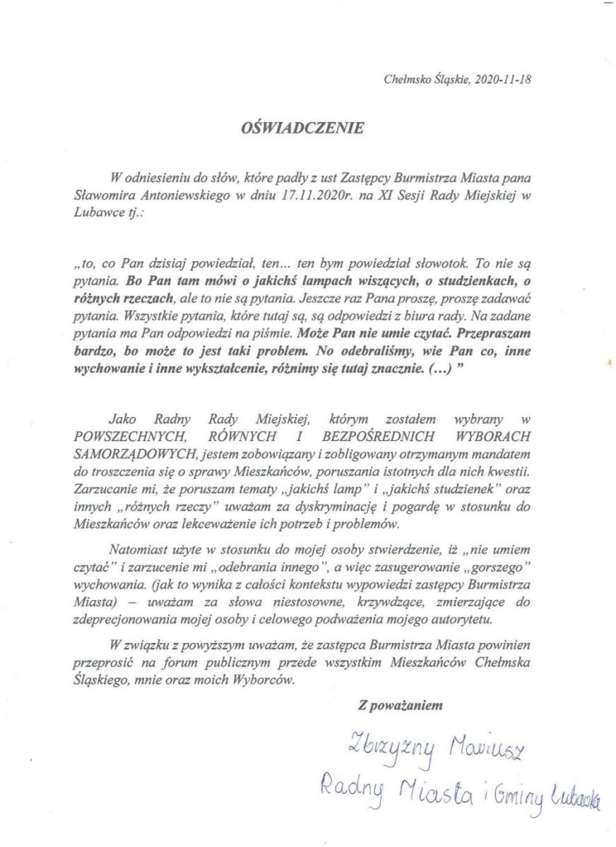 Oświadczenie radnego M. Zbrzyznego