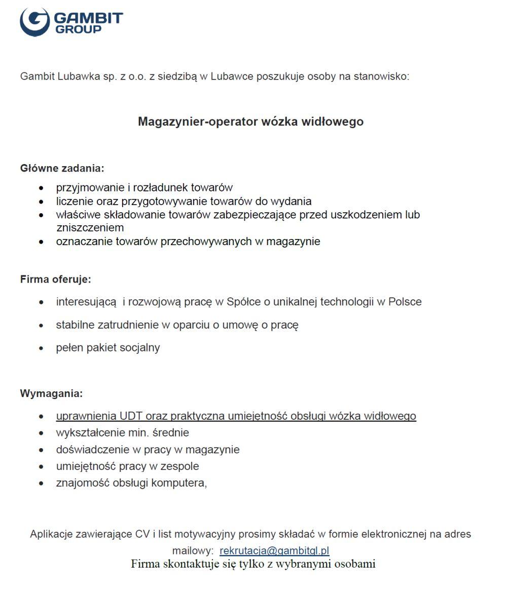Magazynier - operator wózka widłowego