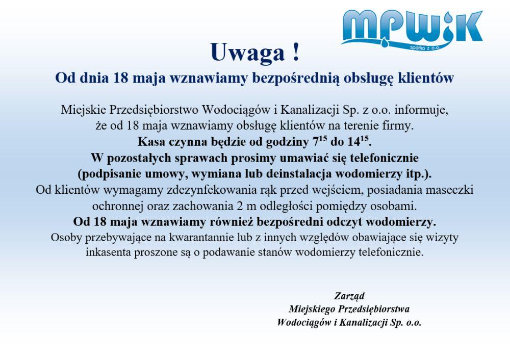 MPWiK wznawia bezpośrednią obsługę klientów