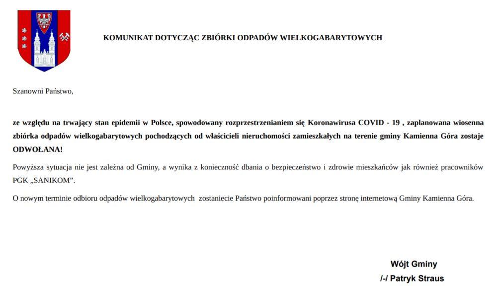 KOMUNIKAT DOTYCZĄCY ZBIÓRKI ODPADÓW WIELKOGABARYTOWYCH