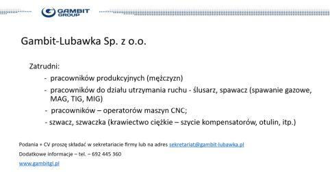 Oferta pracy - Gambit-Lubawka