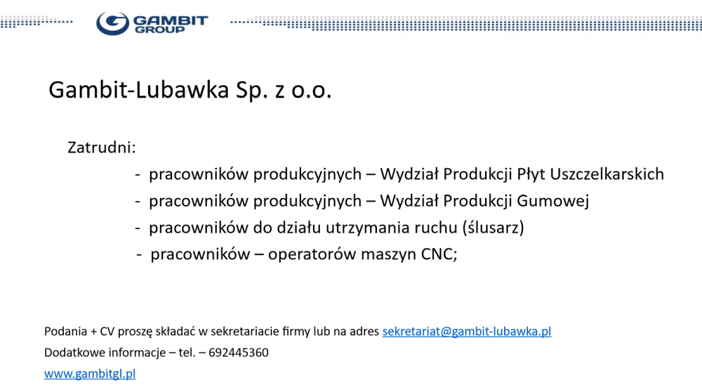 Oferta pracy - Gambit-Lubawka