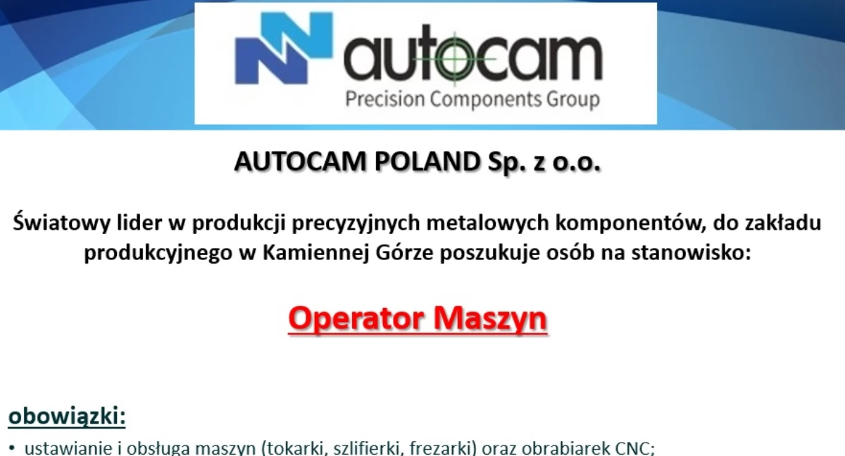Oferta pracy - Operator Maszyn