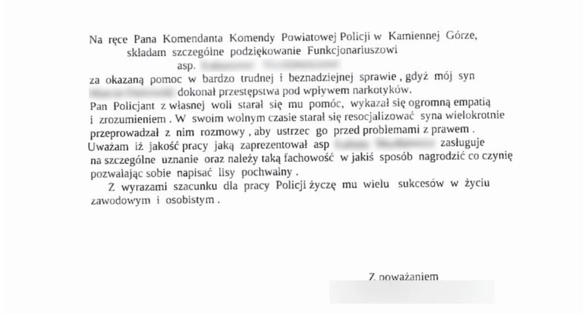 Rodzice zatrzymanego dziękują policjantowi