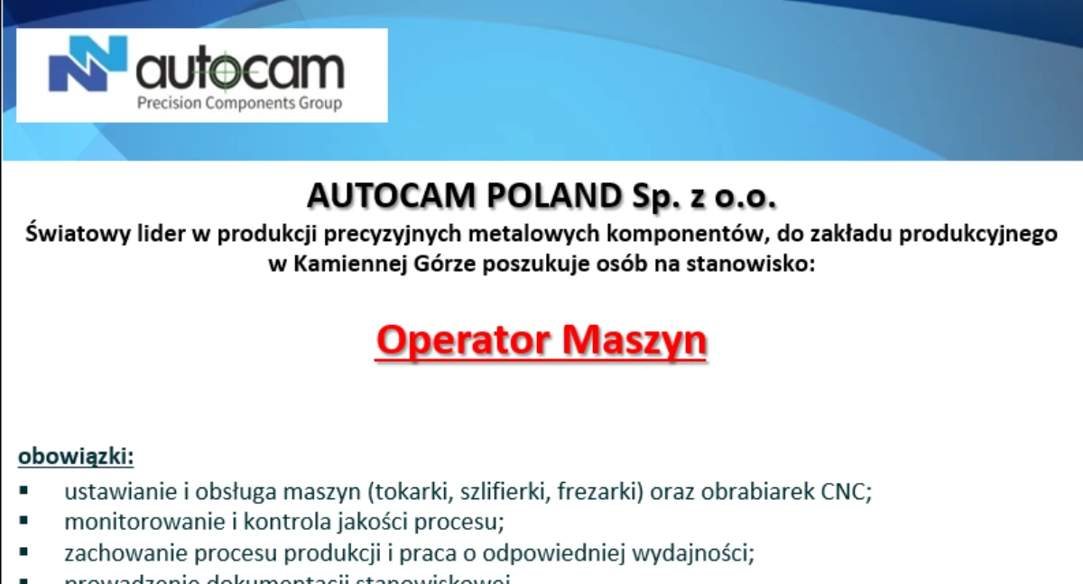 Oferta pracy - operator maszyn